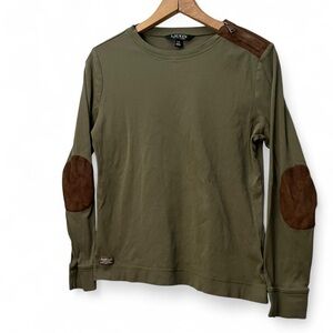 Lauren Ralph Lauren green long sleeve shirt with brown faux suede elbow patches